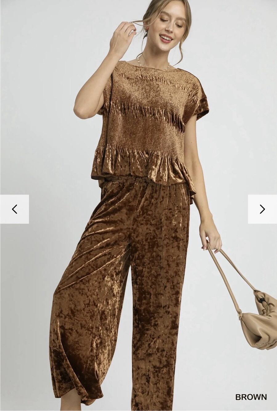Umgee Women’s Large Matching Set Velvet Smocked Pant And Tops Boho Brown Lounge